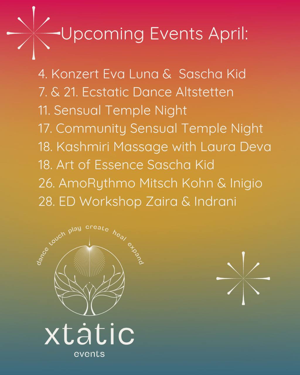 Hier unsere April Events 😍 wir freuen uns, euch an möglichst allen Events zu seh