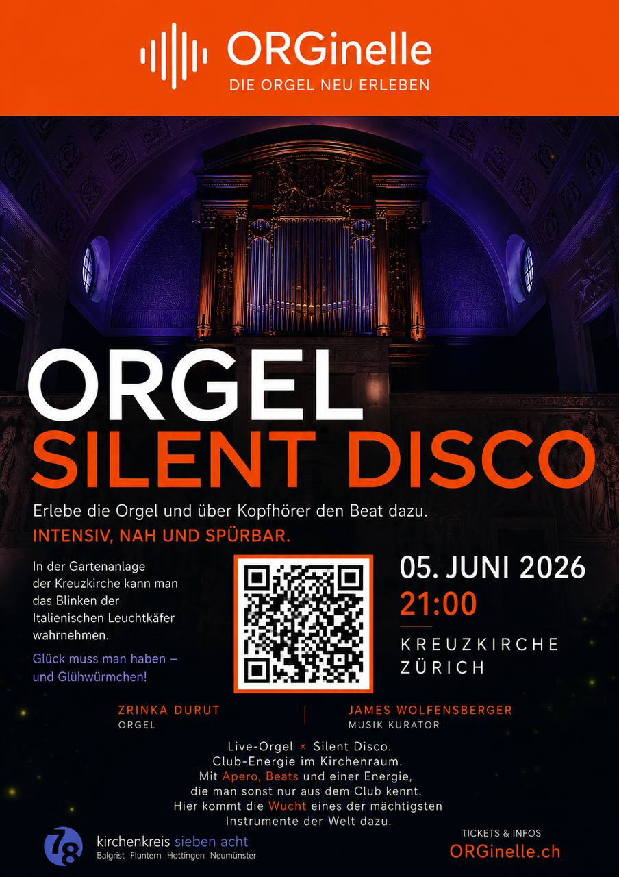 Am Freitag am 21 Uhr in der Kreuzkirche Orgel Disco mit Glüwürmli!