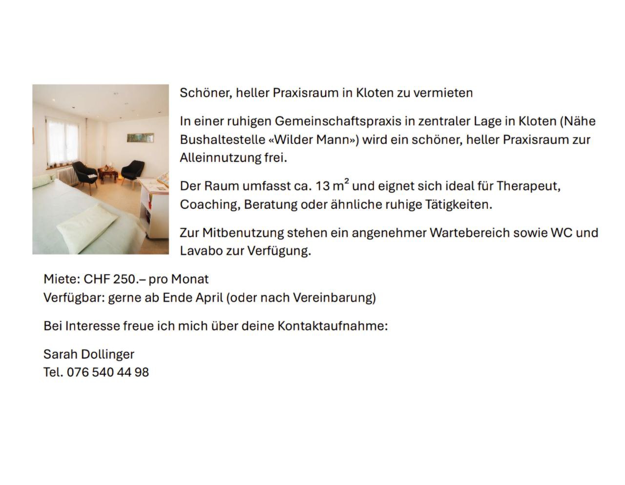 Schöner, heller Praxisraum in Kloten zu vermieten